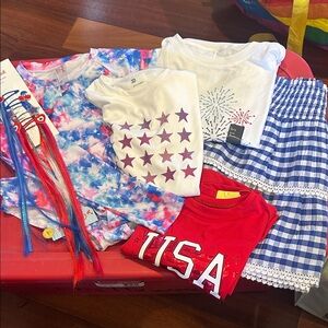 Girls Patriotic swim, hair clips and Tee & Skirt Set - Red White Blue Stars